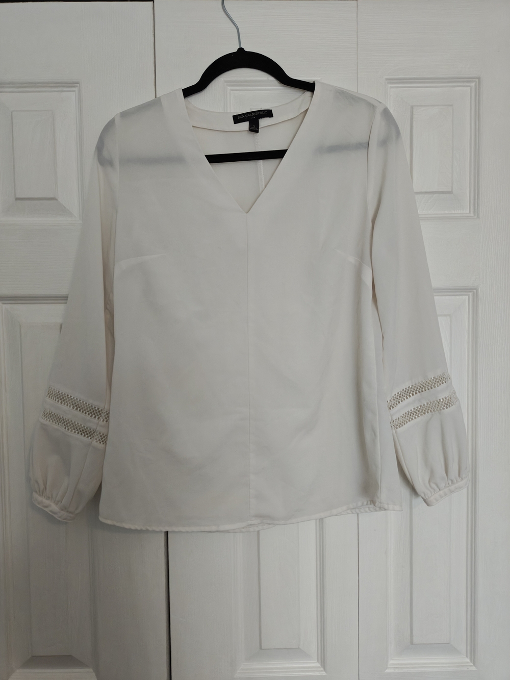 Banana Republic Cream V-Neck Blouse with Crochet Sleeve Bands